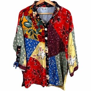 John Mark Patchwork 3/4 Cinch Tie Sleeve Point Collar Blouse Size Large